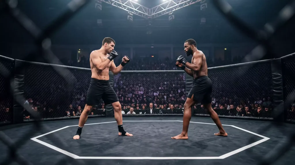 Dos luchadores de MMA en el octágono de UFC durante un intercambio de golpes en un combate profesional