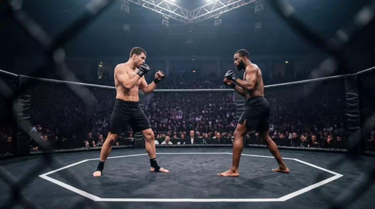 Dos luchadores de MMA en el octágono de UFC durante un intercambio de golpes en un combate profesional