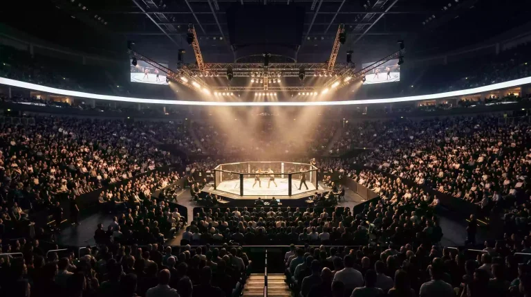 Vista panorámica de un estadio lleno durante un evento nocturno de artes marciales mixtas con octágono iluminado en el centro