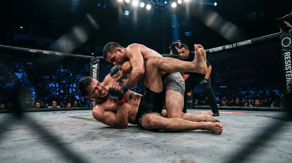 Luchador de MMA celebrando una victoria por sumisión dentro del octágono de UFC