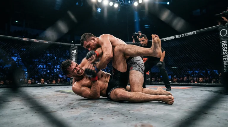 Luchador de MMA celebrando una victoria por sumisión dentro del octágono de UFC