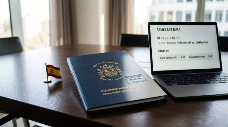 Documento oficial de licencia de juego en línea en España junto a un portátil con una plataforma de apuestas MMA