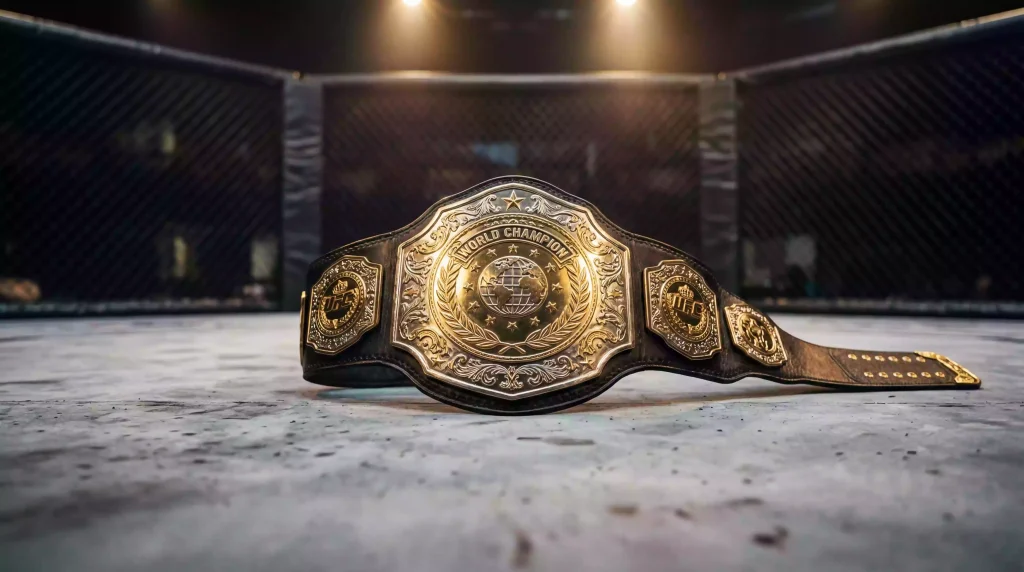 Cinturón de campeonato de UFC apoyado sobre el octágono antes de una pelea titular