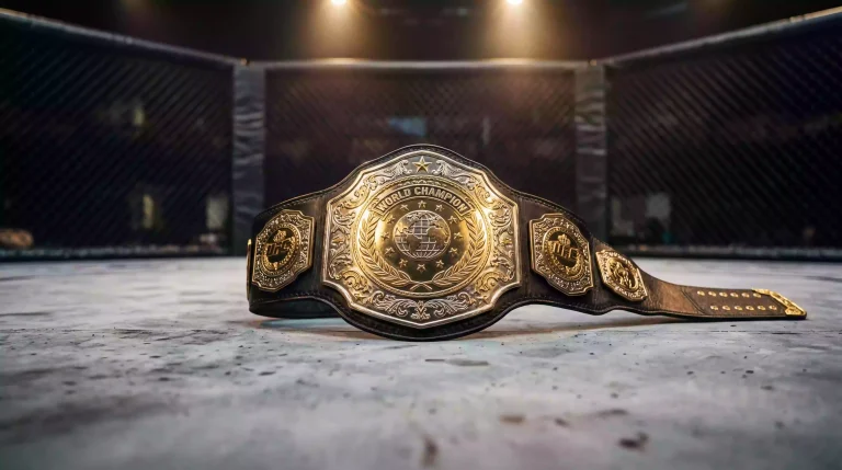 Cinturón de campeonato de UFC apoyado sobre el octágono antes de una pelea titular