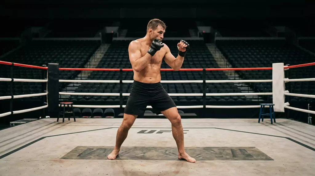Luchador de artes marciales mixtas en posición de combate dentro de un ring de MMA profesional con iluminación de evento