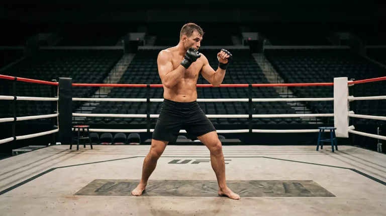 Luchador de artes marciales mixtas en posición de combate dentro de un ring de MMA profesional con iluminación de evento