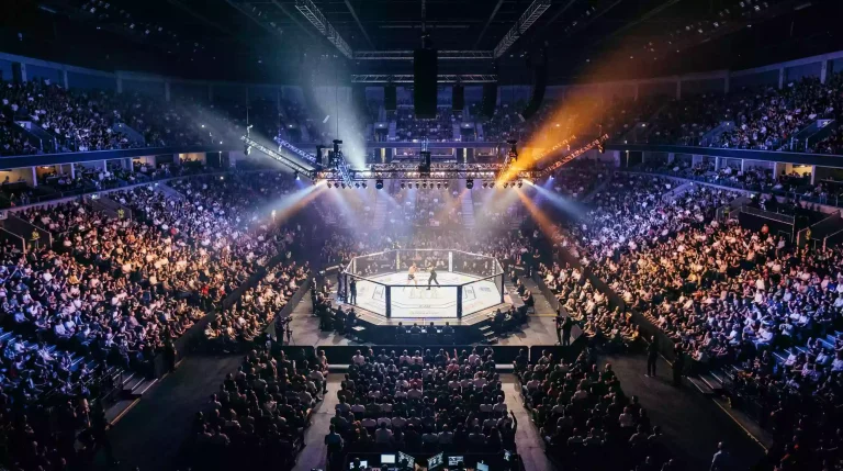 Público multitudinario en un evento de UFC con las luces del estadio iluminando el octágono