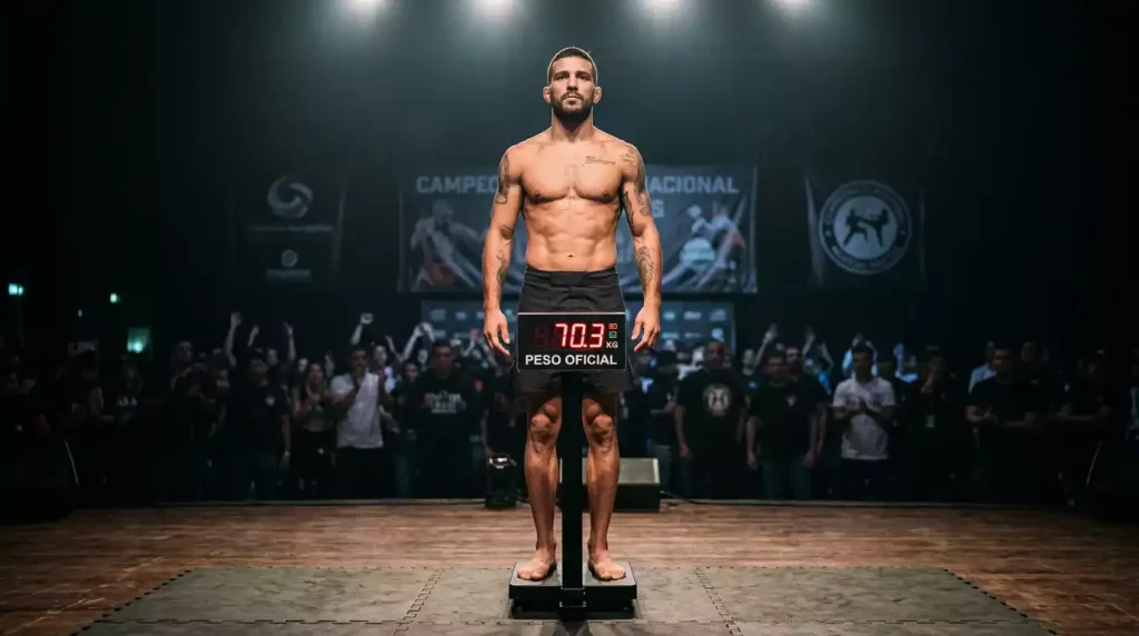 Báscula de pesaje oficial de UFC con el octágono y luces del evento al fondo
