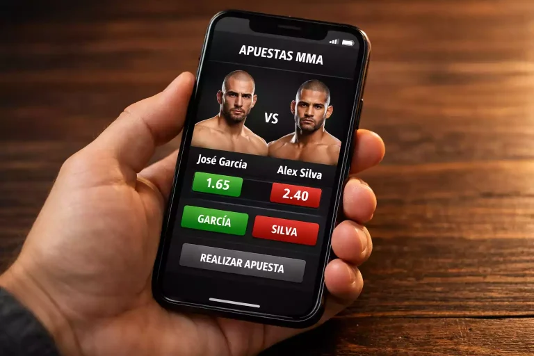 Pantalla de apuestas de UFC en un dispositivo móvil sobre una mesa junto a un octágono de MMA