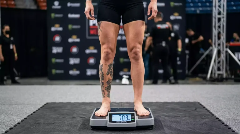 Luchador de MMA en el pesaje oficial de UFC subido a la báscula antes de un combate