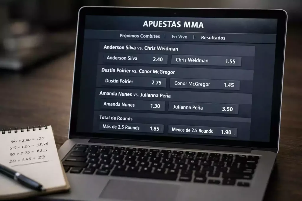 Pantalla con cuotas decimales de un combate de UFC mostrando líneas de apuesta para dos luchadores de MMA