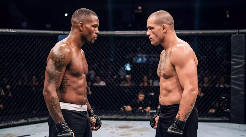 Dos luchadores de MMA frente a frente en el octágono antes de comenzar un combate profesional