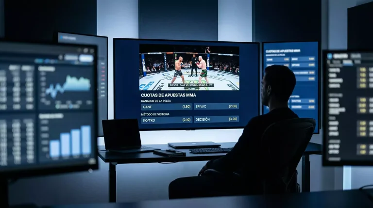 Pantalla de monitoreo de apuestas en tiempo real durante un evento de artes marciales mixtas en un octágono profesional