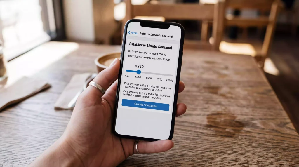 Mano de persona configurando límites de apuestas deportivas en la pantalla de un teléfono móvil