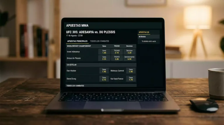 Pantalla de operador de apuestas mostrando mercados de MMA con cuotas y volumen de apuestas en un evento de UFC