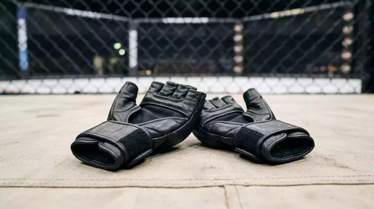 Par de guantes de MMA profesionales sobre la lona de un octágono de artes marciales mixtas