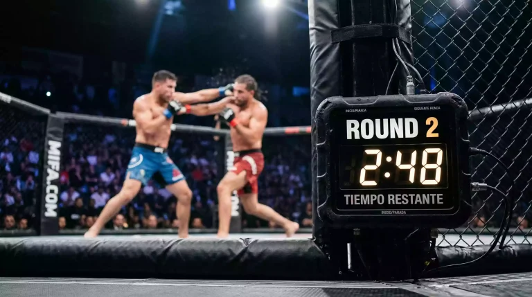 Reloj del octágono de UFC marcando el tiempo de un asalto durante un combate de MMA