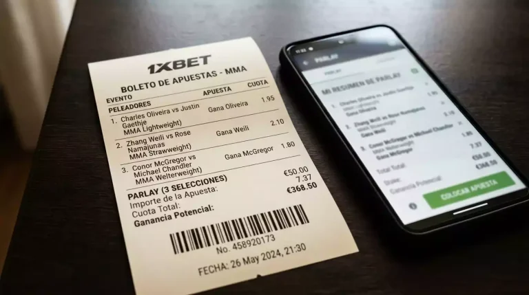 Ticket de apuesta combinada de UFC con múltiples selecciones de combates de MMA