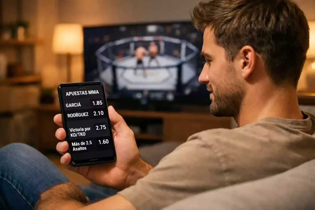 Joven aficionado al MMA consultando cuotas de apuestas en su teléfono móvil desde un sofá