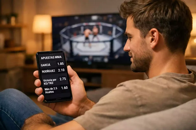 Joven aficionado al MMA consultando cuotas de apuestas en su teléfono móvil desde un sofá