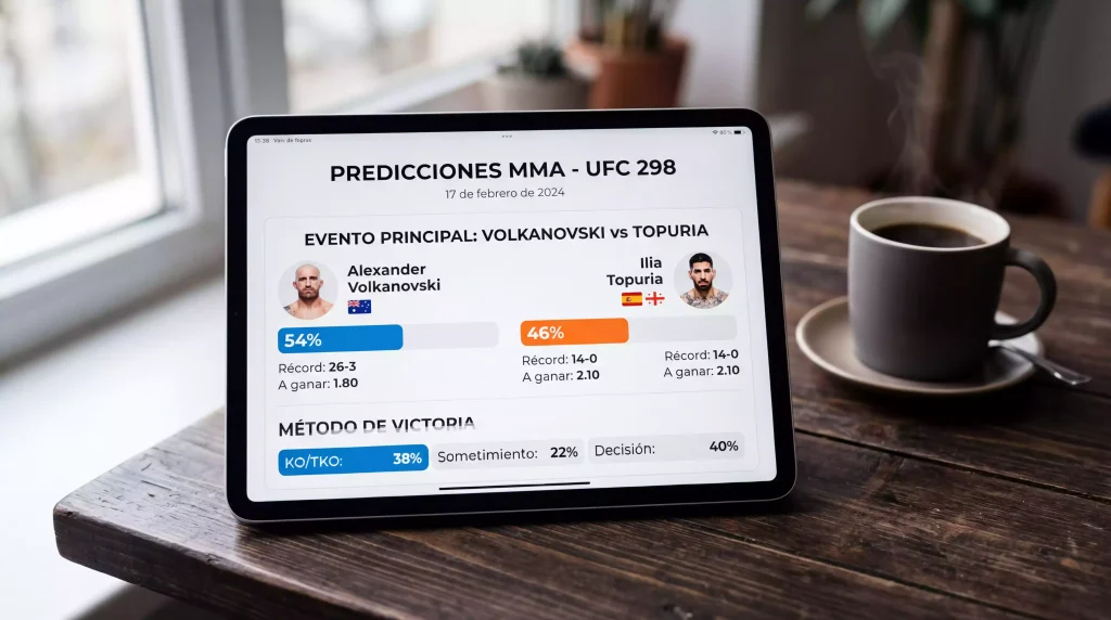 Pantalla de plataforma digital mostrando mercados de predicción de combates de UFC con porcentajes