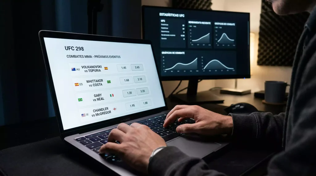 Analista revisando estadísticas de luchadores de UFC en un monitor con gráficos de rendimiento de MMA