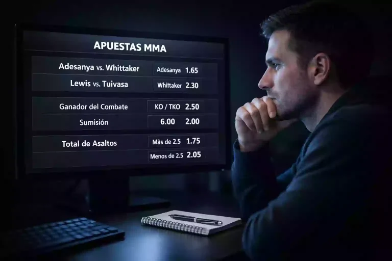 Apostador de MMA pensativo frente a la pantalla de su ordenador analizando cuotas de combates UFC