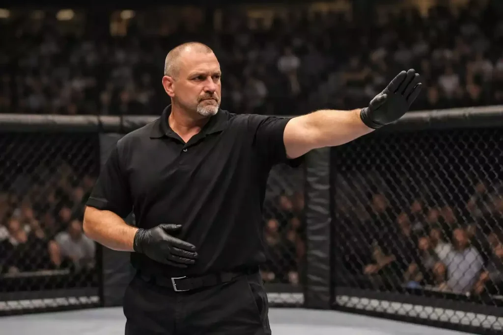 Árbitro de MMA deteniendo un combate en el octágono de UFC con los luchadores separados