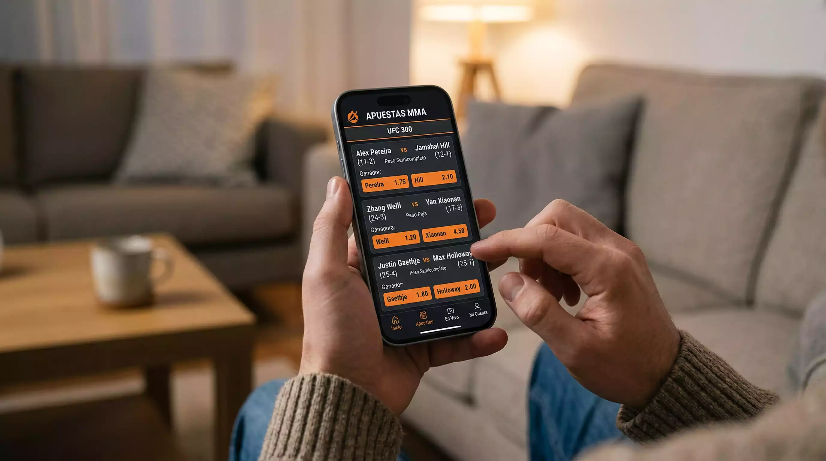 Pantalla con cuotas decimales de apuestas UFC mostrando apuesta directa y mercados de MMA