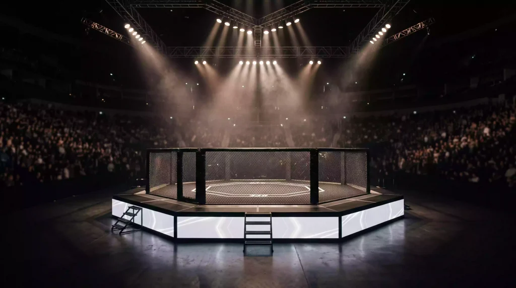 Octágono de UFC durante un evento con paneles publicitarios de patrocinadores alrededor del ring