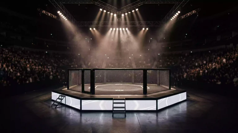 Octágono de UFC durante un evento con paneles publicitarios de patrocinadores alrededor del ring