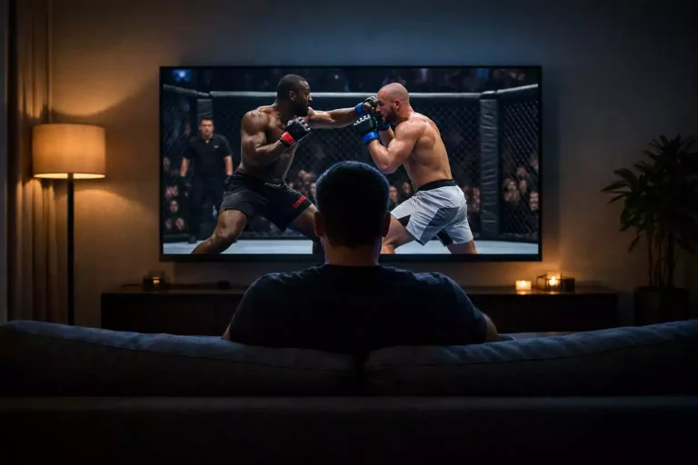 Persona viendo un combate de artes marciales mixtas en transmisión en directo desde un televisor en un salón doméstico